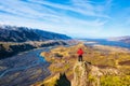 Hiker Overlooking Glacier River from Thorsmork in Southern Iceland