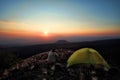 Hiker Overlooking Sunset From Wild Camp In Etna Park, Sicily