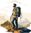 Hiker person hiking or trekking with backpack walking in mountain forest outdoor wilderness landscape, vector