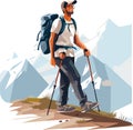 Hiker person hiking or trekking with backpack walking in mountain forest outdoor wilderness landscape, vector