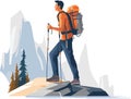 Hiker person hiking or trekking with backpack walking in mountain forest outdoor wilderness landscape, vector