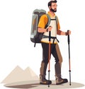 Hiker person hiking or trekking with backpack walking in mountain forest outdoor wilderness landscape, vector