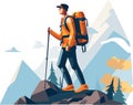 Hiker person hiking or trekking with backpack walking in mountain forest outdoor wilderness landscape, vector