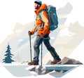 Hiker person hiking or trekking with backpack walking in mountain forest outdoor wilderness landscape, vector