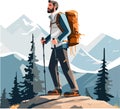 Hiker person hiking or trekking with backpack walking in mountain forest outdoor wilderness landscape, vector