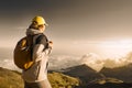 Hiker portrait of young woman with backpacker hiking in high mountains. Royalty Free Stock Photo