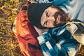 Hiker ready for adventures. Brutal manly guy. Hiker tourist. Nature background. Happy bearded man hiking.