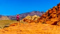 Hiker on the Red Sandstone Cliffs of the Calico Trail in Red Rock Canyon National Conservation Area, NV. USA Royalty Free Stock Photo