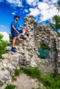 Hiker on ruins of castle Zniev, Slovakia Royalty Free Stock Photo