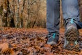 Hiker`s boots stepping on a blanket of fallen autumnal orange leaves.