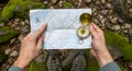 Hiker\'s Navigation with Map and Compass Royalty Free Stock Photo
