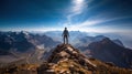 Hiker\'s Triumph: At the Summit with a Stunning Mountain View, Generative AI