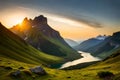 A hiker\'s view from a lush, emerald-green valley, with a winding river and rugged peaks in the distance Royalty Free Stock Photo