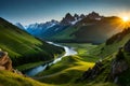 A hiker\'s view from a lush, emerald-green valley, with a winding river and rugged peaks in the distance Royalty Free Stock Photo