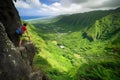 hiker scaling steep mountain peak, with view of lush valley and waterfall below