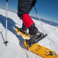 Hiker snowshoeing in winter mountains during sunny day Royalty Free Stock Photo