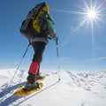 Hiker snowshoeing in winter mountains during sunny day Royalty Free Stock Photo