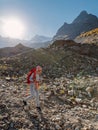 Hiker sporty woman with red backpack trekking in the rocky mountains Royalty Free Stock Photo