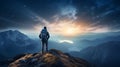 A hiker standing alone on top of a mountain at dusk, enjoying his adventure, his climbing success and freedom