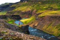 Hiker standing at the edge of the Laxa i Kjos river near Reykjavik in Iceland