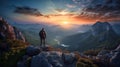Hiker standing on mountain top looks at stunning landscape at sunset, generative AI