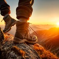 Hiker standing on mountain top on sunset background. Boot of man hiking in mountains. Generative AI Royalty Free Stock Photo