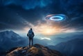 A hiker standing on top of a mountain at dusk, witnessing an encounter of the third kind: a giant alien spacecraft, UFO