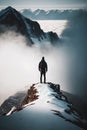 Hiker standing on top of a mountain with fog in the background