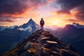 Hiker standing on top of a mountain and looking at the sunrise, Magical Fantasy Adventure Composite of Man Hiking on top of a