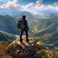 Hiker standing on top of a mountain overlooking a stunning view, Mission accomplished