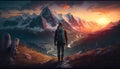 Hiker stands and looks at mountain landscape from top at sunset, generative AI