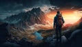 Hiker stands and looks at mountain landscape from top at sunset, generative AI