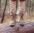 Hiker stands on tree trunk.