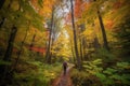 hiker, surrounded by towering trees and colorful foliage, on a serene autumn forest hike