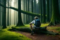 A hiker taking a rest on a mossy log, surrounded by ancient trees in a misty, enchanted forest Royalty Free Stock Photo