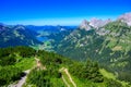 Hiker at Tannheim valley with view on the lake Haldensee from the mountain NeunerkÃÂ¶pfle