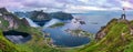 Hiker on top of Mt. Reinebringen, Lofoten islands, Norway Royalty Free Stock Photo