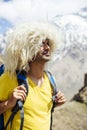 Hiker with traditional papakha fur hat at Mtskheta-Mtianeti region in Georgia