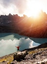 Hiker on the trail in the Swiss mountains. Lifetime experience