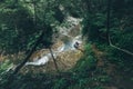 Hiker Traveler Explorer Climbs The Hill On Waterfall Background Support Exercise Extreme Travel Concept