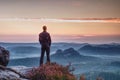 Hiker traveling on hill peaks. Hiking concept