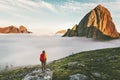 Hiker traveling in sunset mountains with backpack