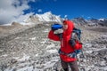 Hiker on the trek in Himalayas, Manaslu region, Nepal