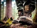 Hiker trekking boot close up on forest background. Leg in hiking shoe for travel activity foreground. Generative AI