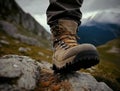 Hiker trekking boot close up on mountain background. Leg in hiking shoe for travel activity foreground. Generative AI