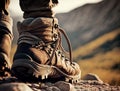 Hiker trekking boot close up on mountain background for World Tourism Day. Leg in hiking shoe for travel activity. Generative AI