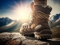 Hiker trekking boot closeup on mountain background. Leg in hiking shoe foreground for travel activity in sunny. Generative AI