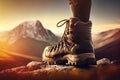 Hiker trekking boot closeup on mountain background. Leg in hiking shoe in sunset for travel activity foreground. Generative AI