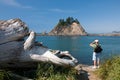 Hiker Using Binoculars at First Beach Royalty Free Stock Photo