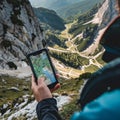 Hiker Using GPS on Smartphone in Mountains Royalty Free Stock Photo